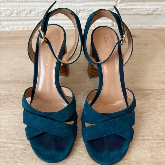 Gianvito Rossi Frida Suede block heeled Sandals ankle strap teal Italy size 38 - Picture 2 of 13